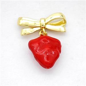 Copper Bowknot And Strawberry Pendant Red Enamel Gold Plated, approx 11-12mm, 7-17mm