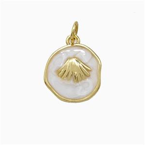 Copper Scallop Shell Pendant White Painted Circle Gold Plated, approx 12-13mm