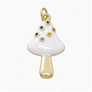 Copper Mushroom Pendant Pave Zirconia White Enamel Gold Plated, approx 15-24mm