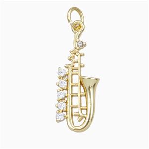 Saxophone Charms Copper Musical Pendant Pave Zirconia Gold Plated, approx 10-23mm