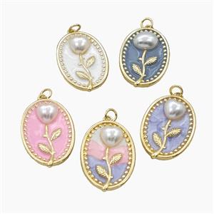 Copper Flower Pendant Pave Resin Enamel Oval Gold Plated Mixed, approx 20-26mm