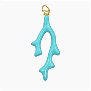 Copper Coral Branch Pendant Teal Enamel Gold Plated, approx 14-30mm