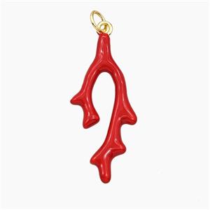 Copper Coral Branch Pendant Red Enamel Gold Plated, approx 14-30mm