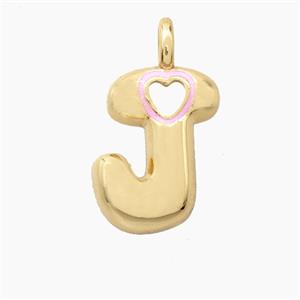 Copper Letter-J Pendant Pink Enamel Heart Gold Plated, approx 11-18mm