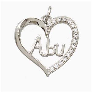 Copper Heart Pendant Pave Zirconia Abu Platinum Plated, approx 18-19mm
