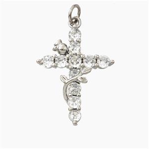 Copper Cross Pendant Pave Zirconia Flower Platinum Plated, approx 18-24mm