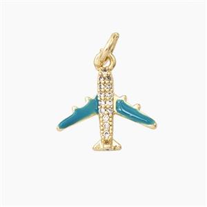 Enamel Airplane Pendant Pave Zirconia Teal Enamel Gold Plated, approx 14mm