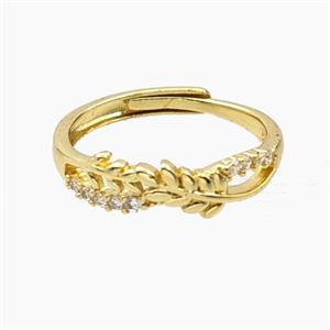 Copper Leaf Rings Pave Zirconia Adjustable Gold Plated, approx 5mm, 18mm dia