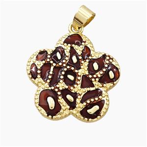 Copper Flower Pendant DarkRed Enamel Bohemia Style Gold Plated, approx 25mm
