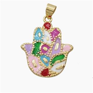 Copper Hamsahand Pendant Multicolor Enamel Bohemia Style Gold Plated, approx 23-25mm