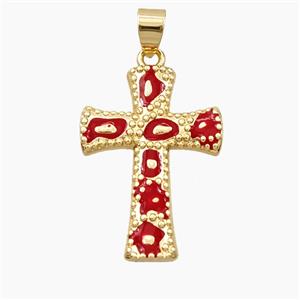 Copper Cross Pendant Red Enamel Bohemia Style Gold Plated, approx 20-28mm
