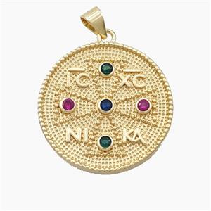 Copper Greek Cross Pendant Pave Zirconia Coin Gold Plated, approx 25mm