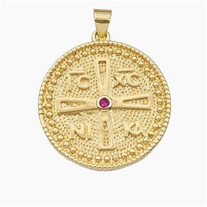 Copper Greek Cross Pendant Pave Zirconia Coin Gold Plated, approx 25mm