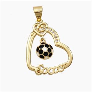 Copper Heart Pendant Pave Zirconia Enamel Football Sports Gold Plated, approx 18-22mm