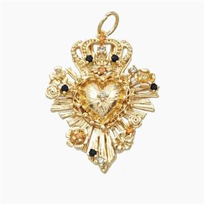 Copper Crown Heart Pendant Pave Zirconia Gold Plated, approx 20-25mm