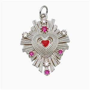 Copper Heart Pendant Pave Zirconia Ribbed Platinum Plated, approx 19-23mm