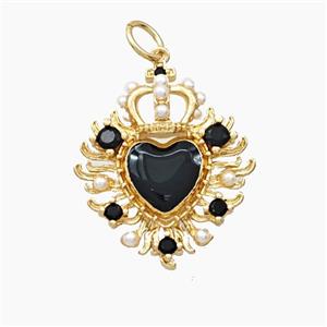 Copper Crown Heart Pendant Pave Zirconia Resin Gold Plated, approx 18-22mm