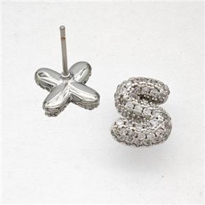 Copper Stud Earrings Pave Zirconia Letter-S Platinum Plated, approx 8-10mm