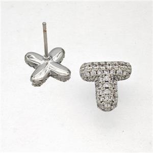Copper Stud Earrings Pave Zirconia Letter-T Platinum Plated, approx 8-10mm