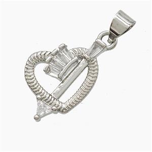 Copper Cupid Arrow Heart Pendant Pave Zirconia Platinum Plated, approx 13-18mm