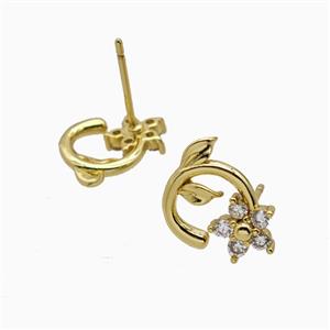 Copper Earring Studs Pave Zircon, Gold Plated, approx 7mm, 10mm