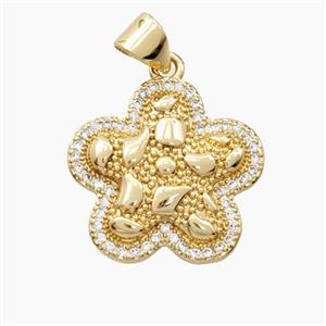 Bohemia Style Copper Flower Pendant Pave Zirconia Gold Plated, approx 18mm