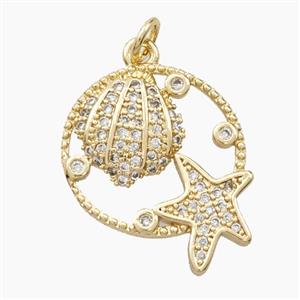 Copper Scallop Shell And Starfish Pendant Pave Zirconia Gold Plated, approx 18mm