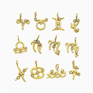 Stainless Steel Zodiac Pendant Pave Rhinestone Gold Plated Mixed, approx 8-9mm