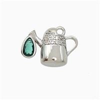 Copper TeaPot Pendant Pave Zirconia Platinum Plated, approx 11-15mm