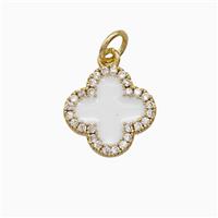 Copper Clover Pendant Pave Zirconia White Enamel Gold Plated, approx 12mm